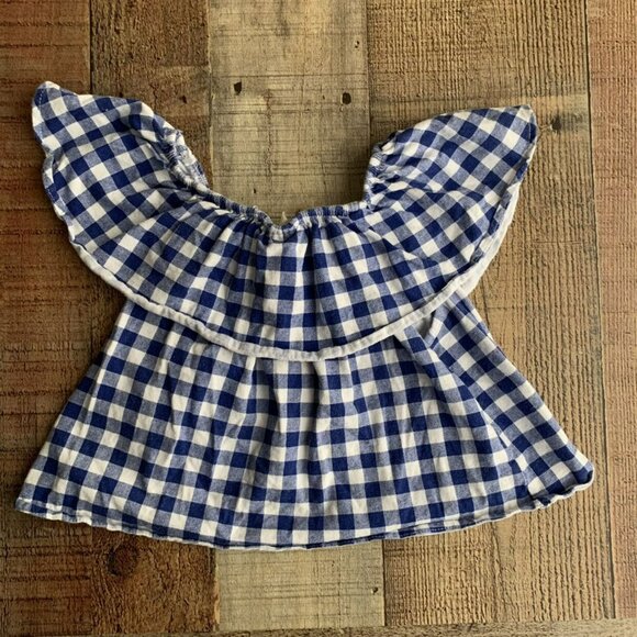 Zara Girls size 8 Blue and White Gingham Off The Shoulder Crop Top - Picture 4 of 4